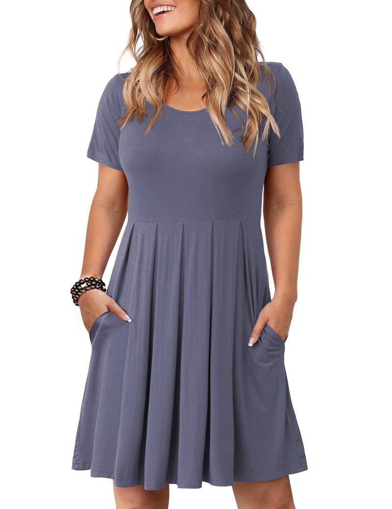 Tralilbee Womens Short Sleeve Pleated Loose Swing Casual Dress with Pockets Knee Length Purple Gray 2XL - Image 1